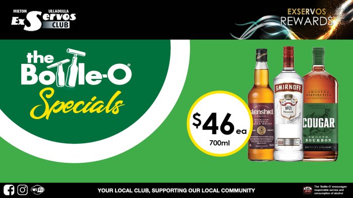 Glenshiel Scotch, Smirnoff  Vodka or Cougar Bourbon