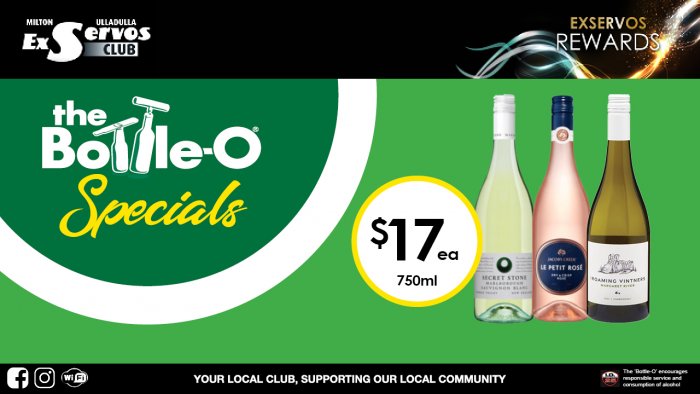 Secret Stone Sauvignon Blanc, Jacob’s Creek Le Petit Rose or Roaming Vintners Chardonnay