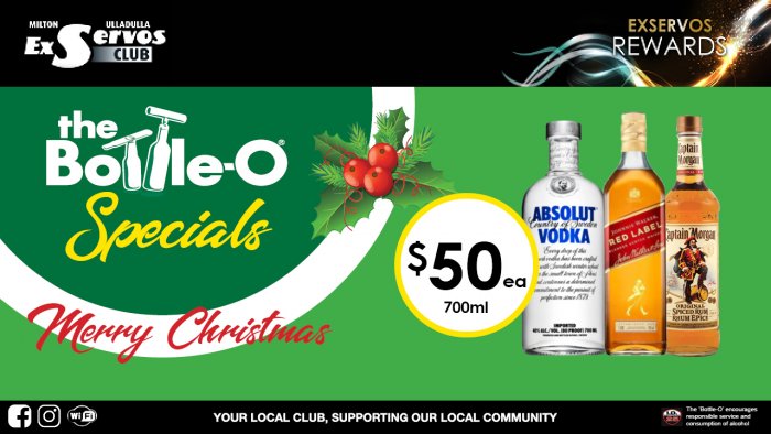 Absolut Vodka, Johnnie Walker Red Label or Captain Morgan Spiced Rum