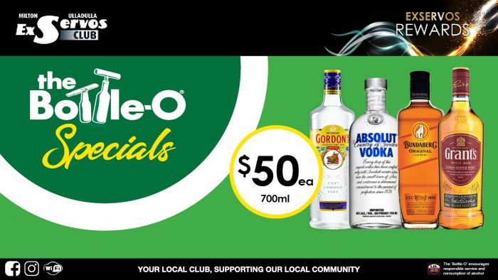 Gordon’s Dry Gin, Absolut Vodka, Bundaberg Rum or Grant’s Scotch