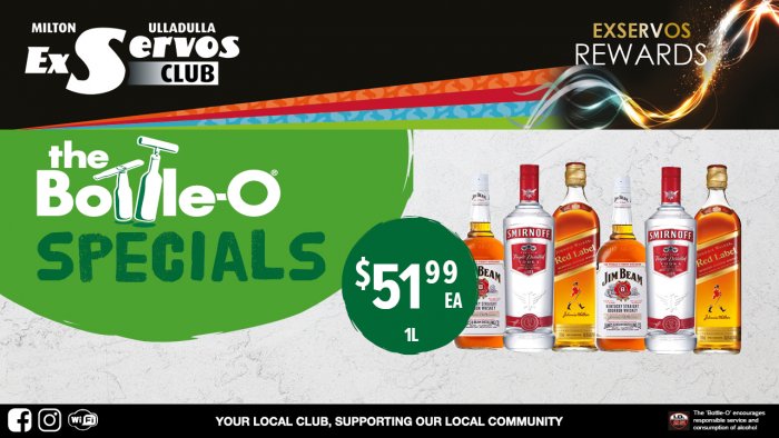 Jim Beam Bourbon, Smirnoff Vodka or Johnnie Walker Red Label