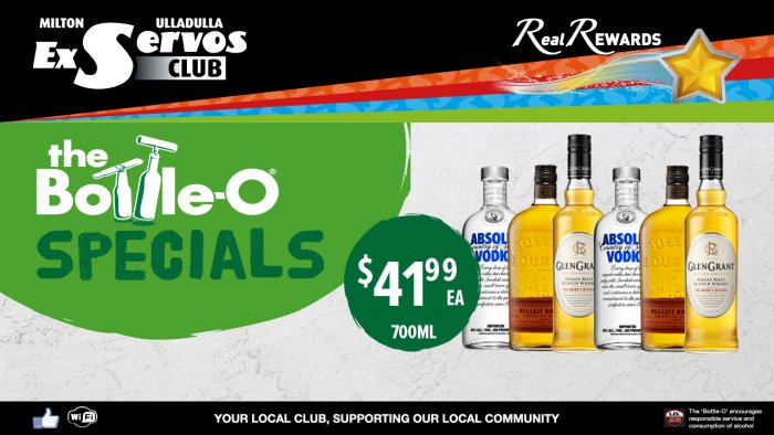 Absolut Vodka, Bulleit Bourbon or Glen Grant Scotch