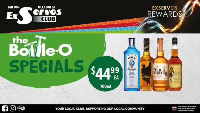 Bombay Sapphire Gin, Wild Turkey Honey Liqueur, Wild Turkey 86.8 Proof Bourbon Whisky or Sailor Jerry Spiced Rum