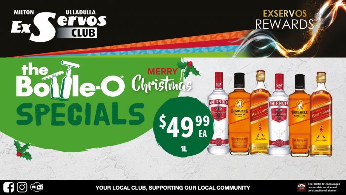 Smirnoff Vodka, Bundaberg UP Rum or Johnnie Walker Red Label