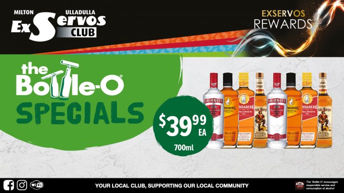 Smirnoff Vodka, Bundaberg UP or Red Label Rum or Captain Morgan Spiced Rum