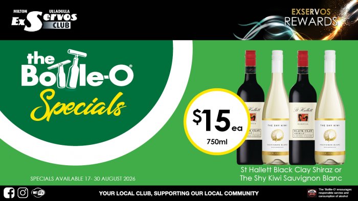 St Hallett Black Clay Shiraz or  The Shy Kiwi Sauvignon Blanc