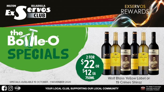 Wolf Blass Yellow Label or 19 Crimes Shiraz