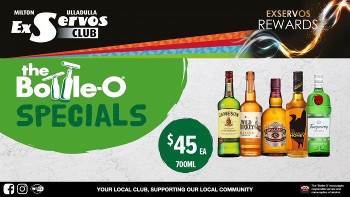 Jameson Irish Whisky, Wild Turkey Bourbon Whiskey & American Honey, Chivas Regal Scotch or Tanqueray Gin