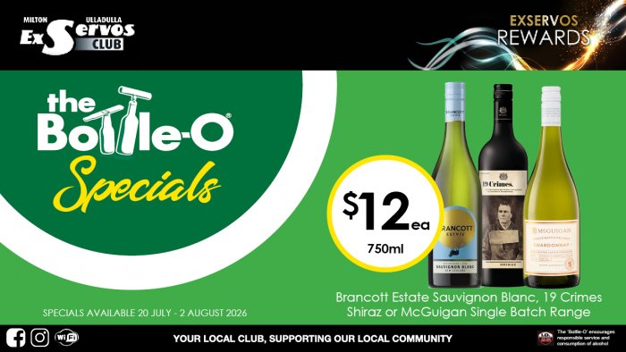 Brancott Estate Sauvignon Blanc, 19 Crimes Shiraz or McGuigan Chardonnay