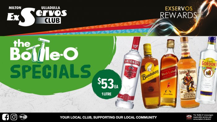 Smirnoff Vodka, Bundaberg Rum, Johnnie Walker Red Label, Captain Morgan Spiced Rum or Gordon’s Gin