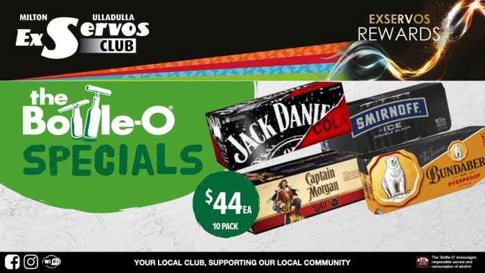 Jack Daniel’s & Cola, Smirnoff Ice Double Black, Captain Morgan & Cola or Bundaberg OP Rum & Cola