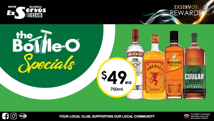 Smirnoff Vodka, Fireball Cinnamon Whisky,  Bundaberg Rum or Cougar Bourbon