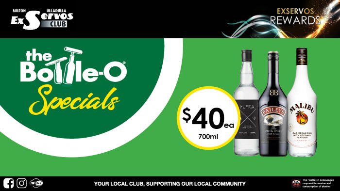 Flyka Vodka, Baileys Irish Cream or Malibu Coconut Rum