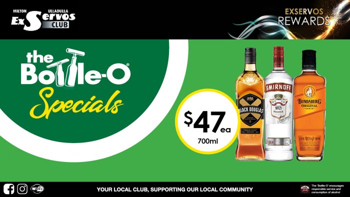 Black Douglas Scotch, Smirnoff Vodka or Bundaberg Rum