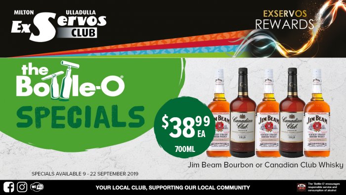 Jim Beam Bourbon or Canadian Club Whisky